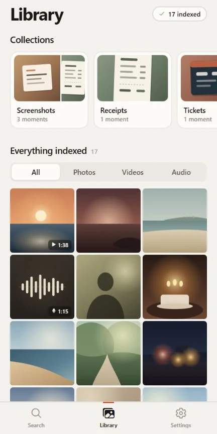 Lutri Library with sample collections for screenshots, receipts, tickets, documents and voice memos.